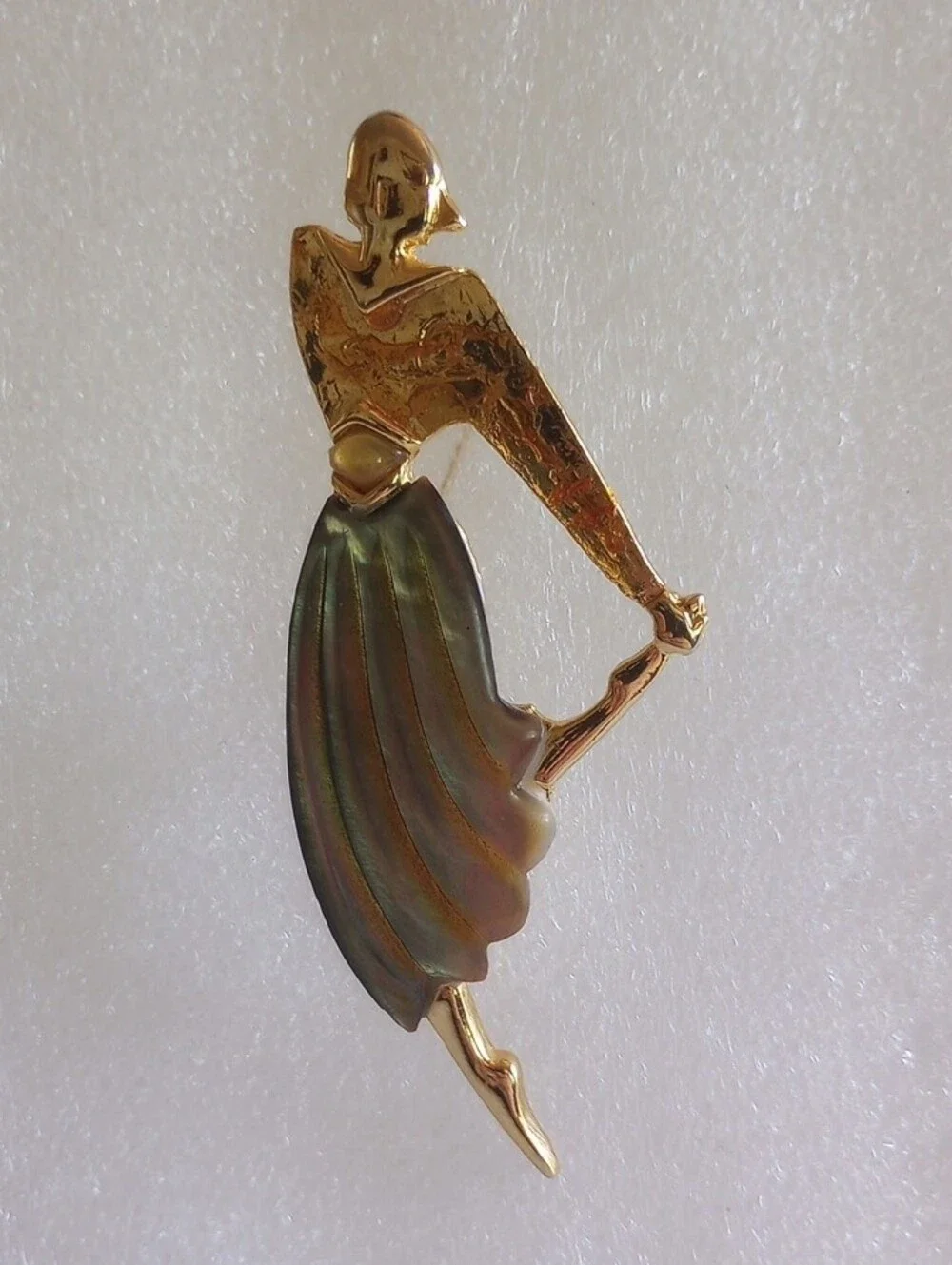Art Deco  Figural Dancing Woman Brooch Faux Shell  Green Skirt